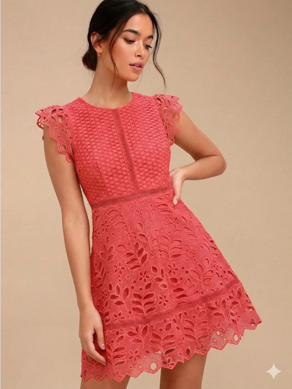 BB Dakota Coral Lace Flutter Sleeve Fit & Flare Dress Size 2 $115 Retail